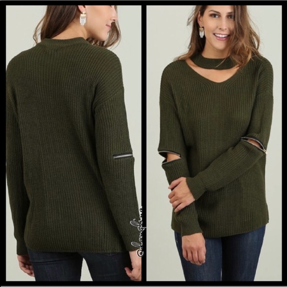 Olive green choker knit sweater oversized